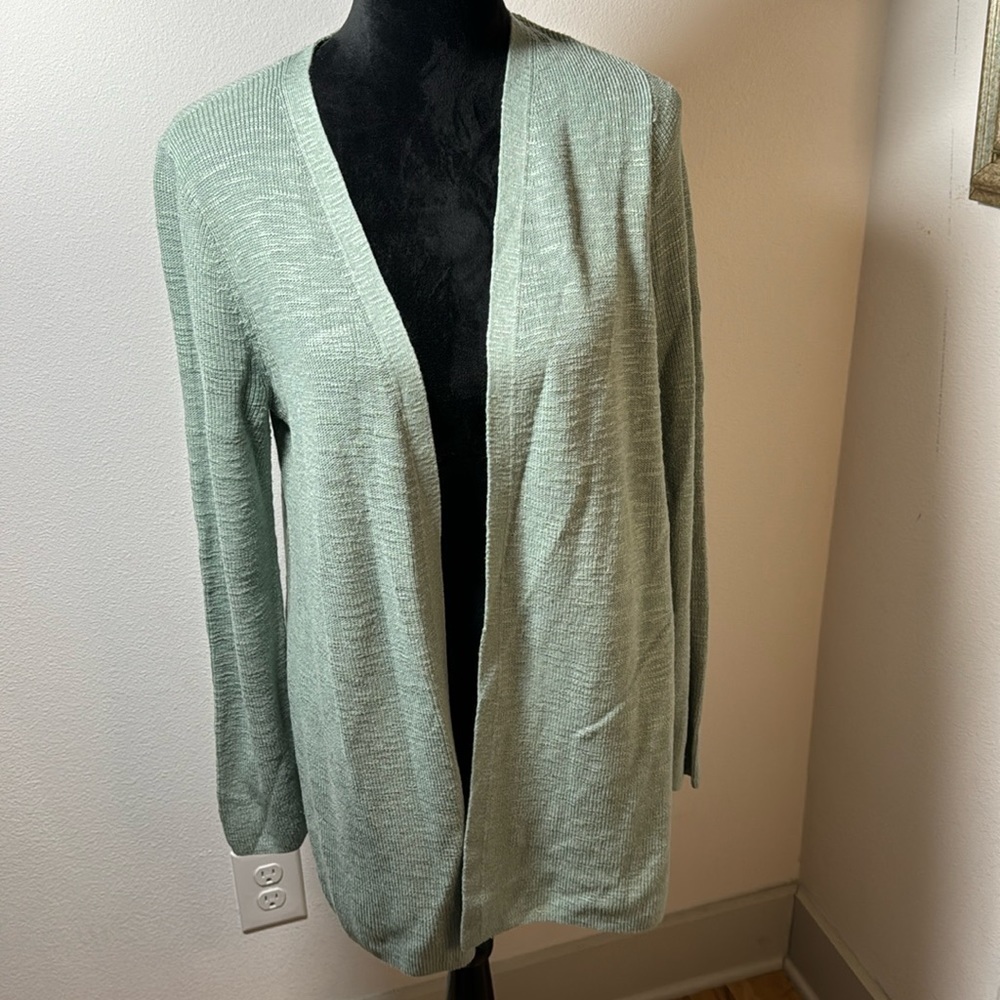 J. Jill heather mint green long open cardigan Sz M cotton linen blend